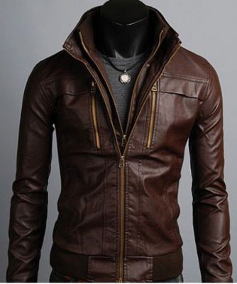 Men Brown Bomber Faux Leather Jacket | UniversalJacket