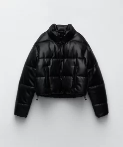 Faux Leather Black Puffer Jacket