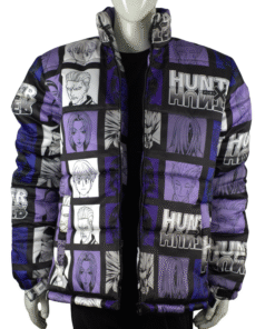 Hunter X Hunter character puffer jacket with anime-inspired graphic design and quilted warmth.
