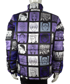 Stylish Hunter X Hunter puffer jacket featuring bold anime character artwork on the back.
