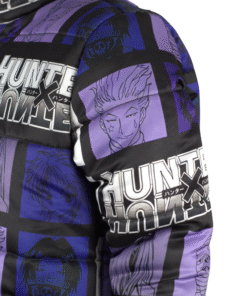 Anime Hunter X Hunter character print puffer jacket for fans and streetwear collectors.