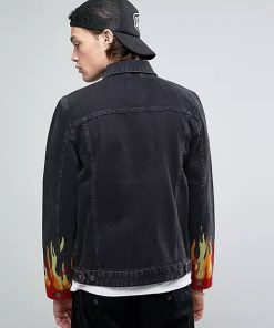 black denim jacket with flame embroidery
