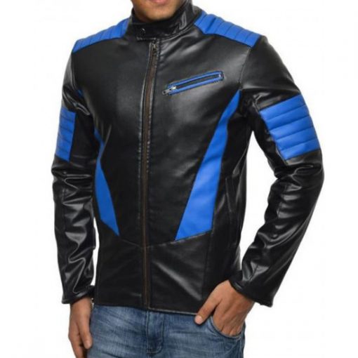 Men's Fjm553 Blue Design Motorcycle Black Leather Jacket