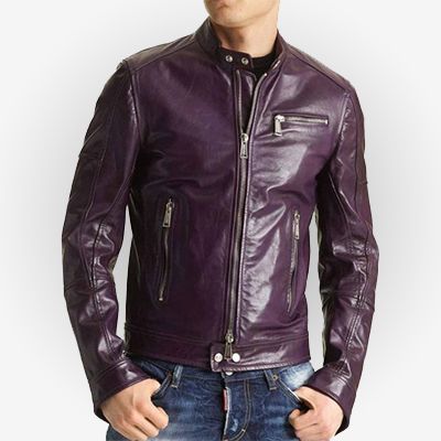 Mens Purple Casual Leather Motorcycle Jacket