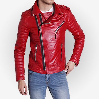 Padded Sleeve Red Motorcycle Leather Jacket for Men