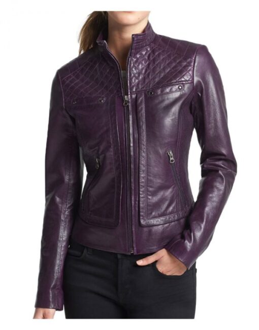 Womens Quilted Purple Leather Biker Jacket