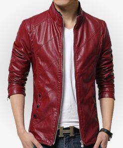 Casual Style Red Slim Fit Leather Jacket for Men’s