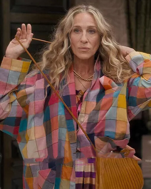 and just like that carrie bradshaw rainbow jacket