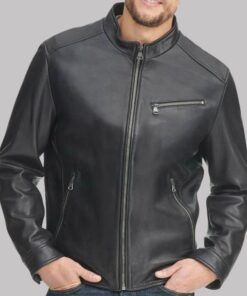 Mens Black Leather Stand-up Collar Jacket 2021