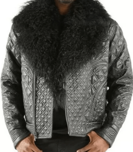 Black Pelle Pelle Quilted Fur Collar Biker Jacket