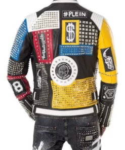 Men Philipp Plein God Save Nip Rock Multicolor Studded Leather Jacket