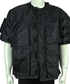 Movie-inspired Korben Dallas jacket from The Fifth Element featuring orange utility straps and sci-fi style.