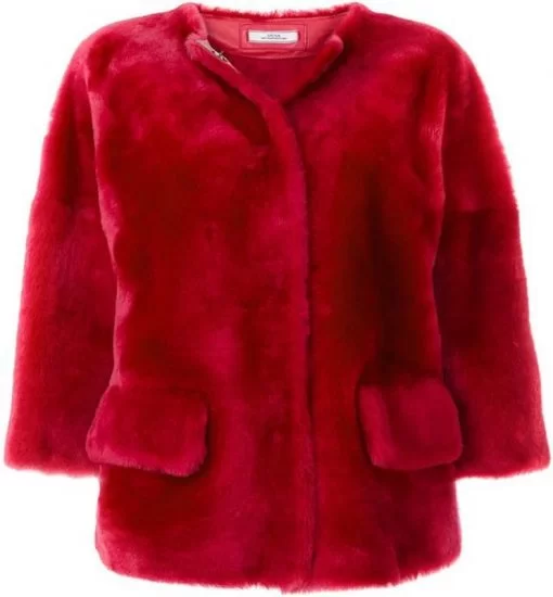 Women Round Neck Faux Fur Red Jacket