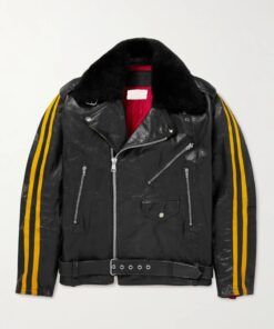 Faux Fur Trimmed Striped Black Leather Jacket
