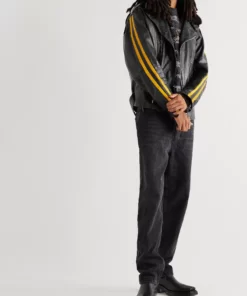 Faux Fur Trimmed Striped Black Leather Jacket