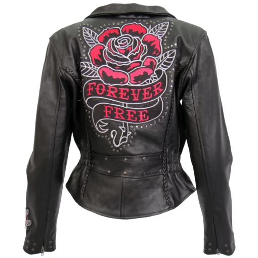 Braided Motorcycle Leather With Embroidered Bling Rose Design Jacket