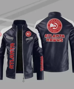Blue White Atlanta Hawks NBA Block Leather Jacket