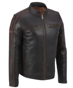 Mens Cafe Racer Brown Stripe Black Leather Biker Jacket