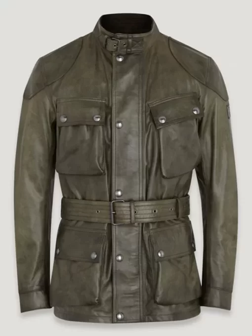 Men’s Olive Green Belted Leather Fashion Jacket