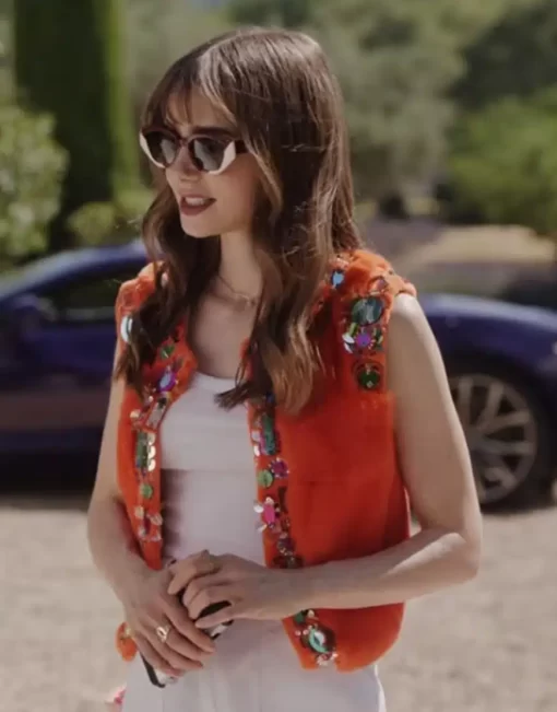 Emily In Paris S03 Lily Collins Orange Embroidered Vest 2022