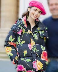 Lily-Collins-Emily-In-Paris-Floral-Puffer-Jacket