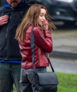 Bank Of Dave Phoebe Dynevor Red Leather Jacket 2023