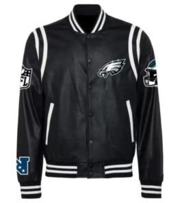 Black White Philadelphia Eagles Leather Varsity Jacket.