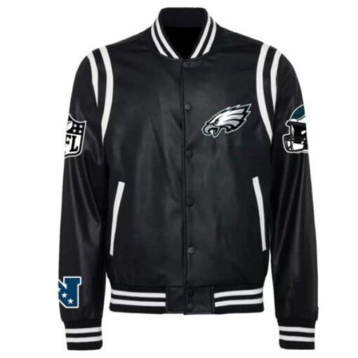 Black White Philadelphia Eagles Leather Varsity Jacket.