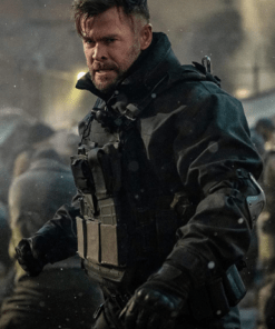 Chris Hemsworth Extraction 2 Tyler Rake Black Hooded Jacket.