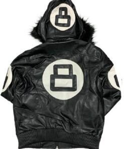Unisex 8 Ball Black Bomber Hooded Leather Jacket