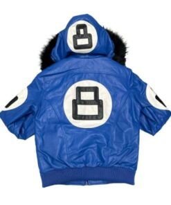 Unisex 8 Ball Blue Bomber Hooded Leather Jacket