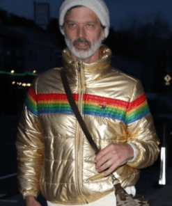 american guitarist doyle bramhall rainbow stripe gold puffer jacket