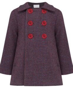 Kids Chequer Red & Blue Lambswool Outer Pea Coat For Boys