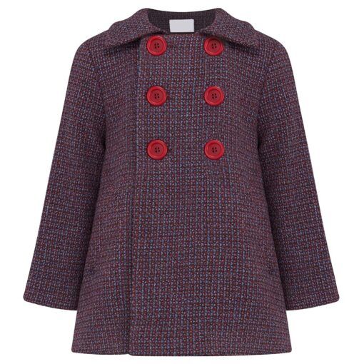 Kids Chequer Red & Blue Lambswool Outer Pea Coat For Boys