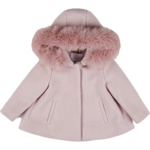 Pink Fur Hoodie Kid’s Wool Pea Coat For Girl’s