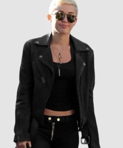 American Singer-songwriter Miley Cyrus Black Leather Jacket