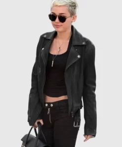 American Singer-songwriter Miley Cyrus Black Leather Jacket.