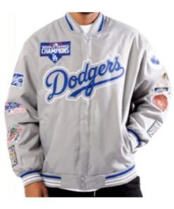 Dodgers 7x Champions Gray Satin Bomber Jacket