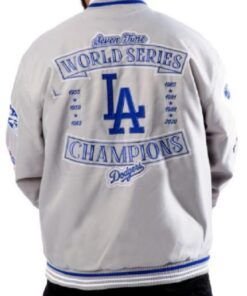 Dodgers 7x Champions Gray Satin Bomber Jacket.