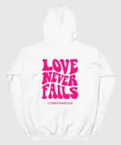 Love Never Fails White Bomber Pullover Hoodie.