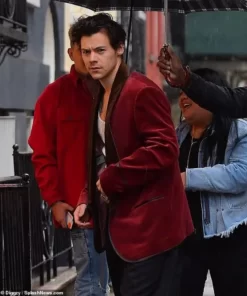 One Direction Member British Singer Harry Styles Red Smoking Jacket