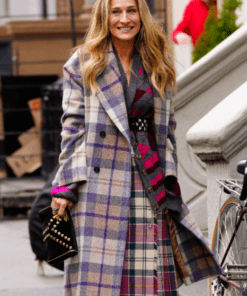 carrie bradshaw and just like that season 2 sarah jessica parker checked coat