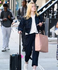 Ella Fanning Navy Blue Bomber Dot Jacket