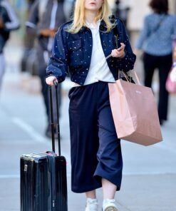 Ella Fanning Navy Blue Bomber Jacket 2023