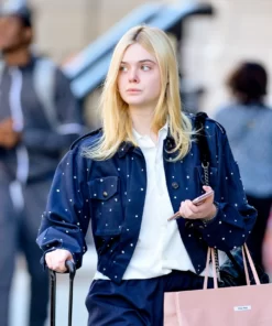 Ella Fanning Navy Blue Bomber Jacket