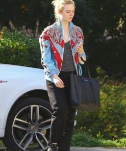Elle Fanning Blue And Red Jacket