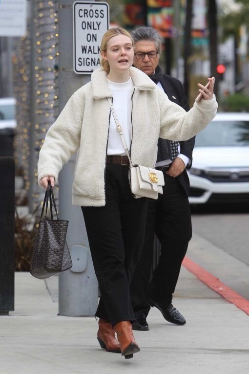 Elle Fanning Faux Fur Jacket