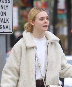 Elle Fanning Off White Faux Fur Jacket 2023