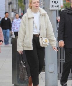 Elle Fanning Off White Faux Jacket 2023