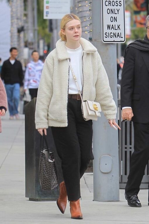 Elle Fanning Off White Faux Jacket 2023